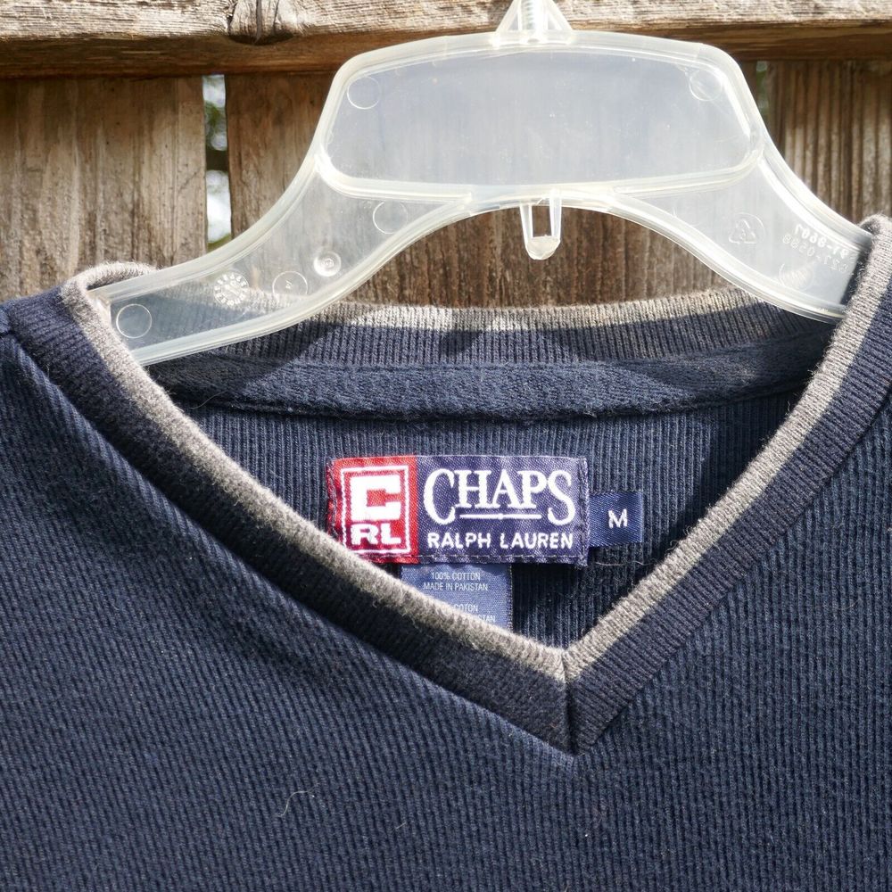 Vintage Chaps Ralph Lauren V-Neck Sweater Navy Blue Cotton Pullover Medium - Picture 4 of 6